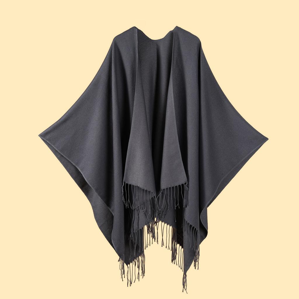 Ladies' Classic Monochrome Tassel Slit Shawl Scarf, Imitation Cashmere Knitted Cardigan