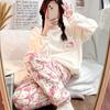 2 ks/sada Dámská zimní pyžamová souprava Kreslený vzor koťátka Hrubý flanel Kulatý výstřih Dlouhé rukávy Elastický pas Kalhoty Domácí oblečení Noční košile