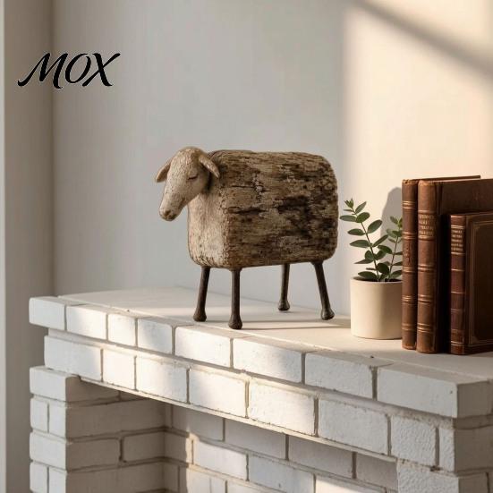 Imitation Wood Grain Decor Distressed Sheep Figurine, Resin Farmhouse Animal Statue for Shelf Tabletop Fireplace Mantel Ornaments Decor, Retro Country