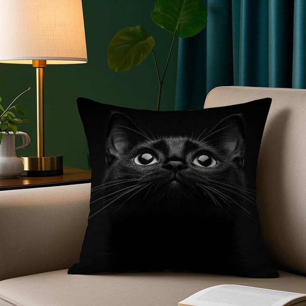 Schwarze Katze Niedlicher Kissenbezug Plüschstoff Weicher Kissenbezug Doppelseitiger Druck Sofakissenbezug Wurfkissen