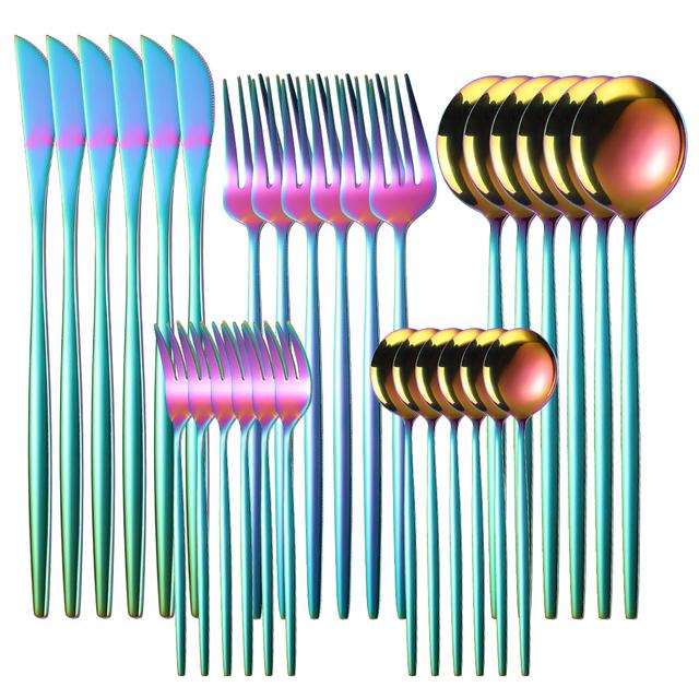 30pcs Gold Dinnerware Set Stainless Steel Steak Knife Fork Coffee Spoon Teaspoon Flatware Dishwasher Safe Kitchen Tableware Set