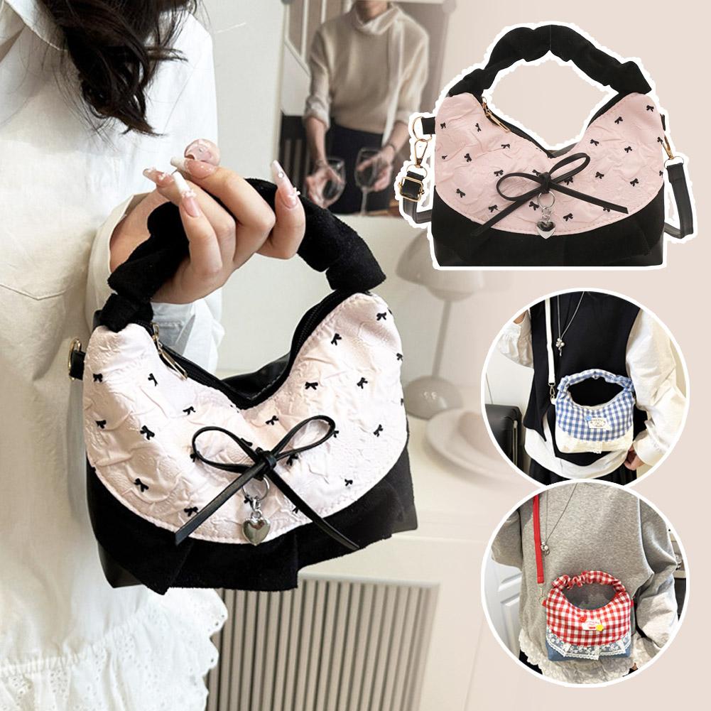 Bow Lace Splicing Dumpling Handbag Grid French Underarm pouch Tote bag Single-shoulder crossbody bag Daily commuting bag