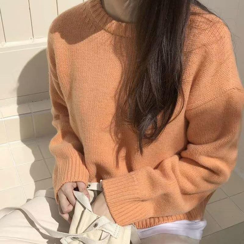 Korean Sweater Women's Loose Knit Sweater Lazy Style Pullover Sweater Round Neck Sweater Autumn and Winter