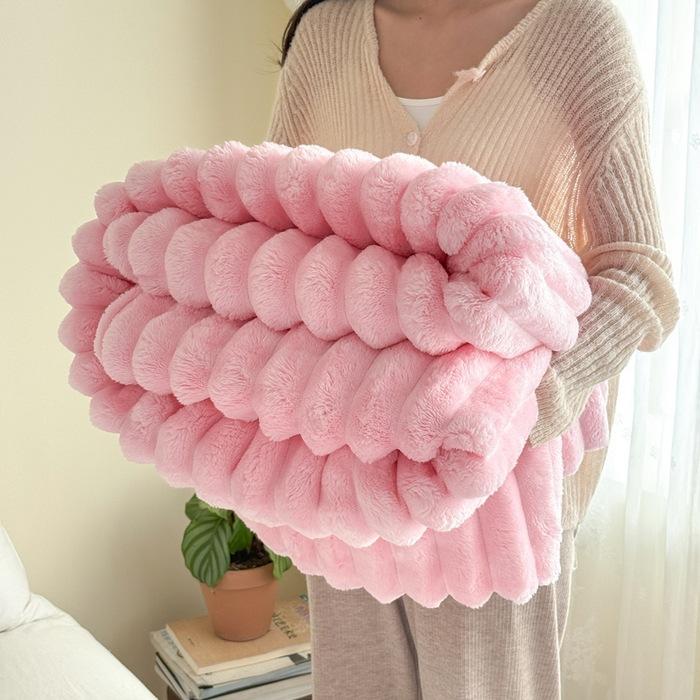 Thickened Rabbit Plush Flannel Blanket for Nap, 4.8cm Wide Striped Air Conditioner Blanket