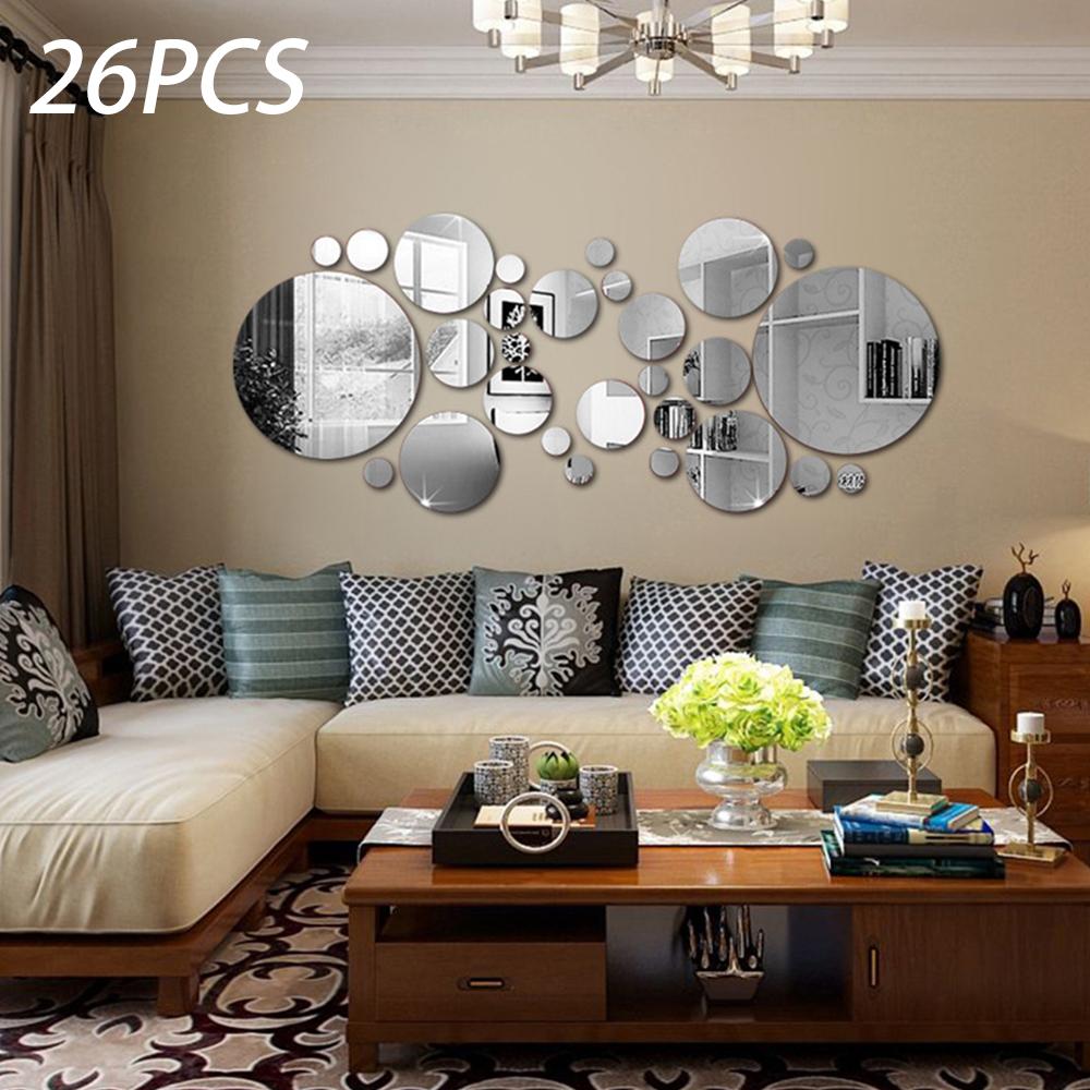 26Pcs Acrylic Mirror Wall Stickers Round Mirror Decal Self-Adhesive Wall Stickers DIY Art Mirror Home Living Room Decoration