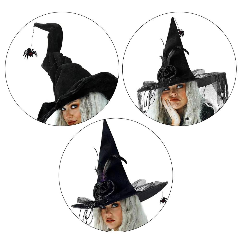 Black Spider Halloween Witch Hat With Black Veil Flower Feather Comfort Witch Costume Accessories Knit Pleated Wizard Hat