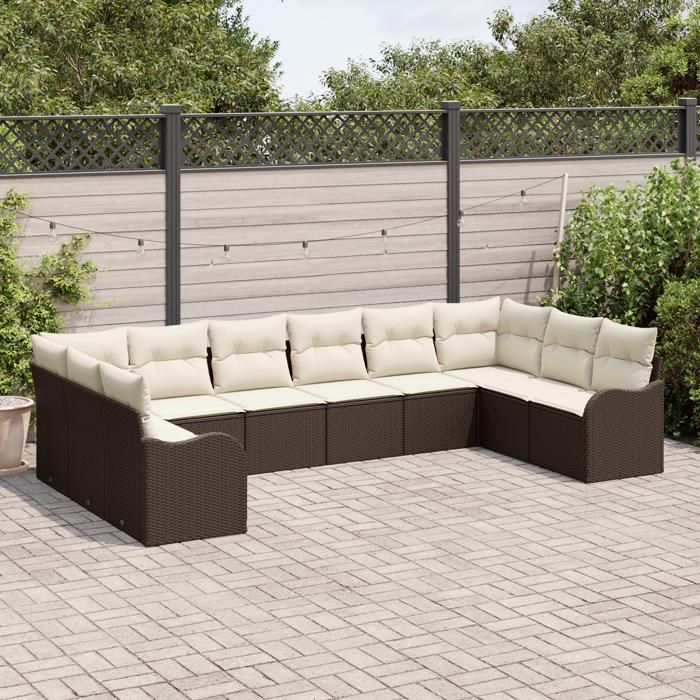 Ensemble de canapé de jardin vidaXL 10 pièces avec coussins Marron Poly Rattan, Canapé de jardin 2 places vidaXL 3354547