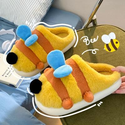 Winter Unisex Cartoon Biene Warme Plüsch Hausschuhe Paar Indoor Rutschfest Haus Pantolette Männer und Frauen Zehenumschließend Zuhause Baumwollschuhe
