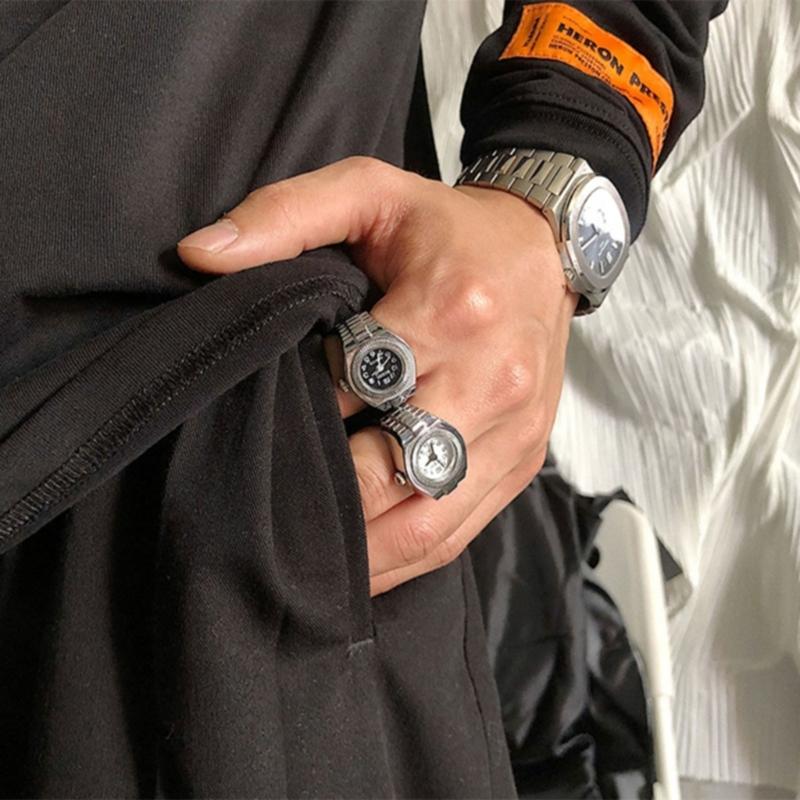 Vintage Punk Finger Watch Mini Elastic Strap Alloy Watches Couple Rings Jewelry Clock Retro Roman Watch Rings Women Men
