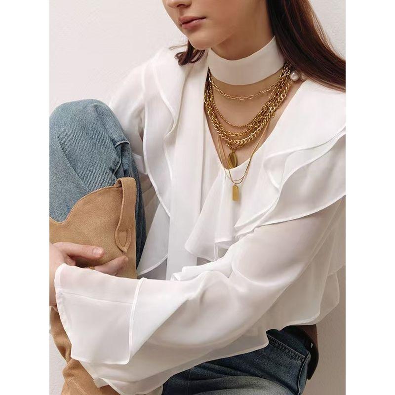 Fashion New Arrival V-neck Flounce Long Sleeves Loose Shirt Easiest for Match Tops V-Neck Lotus Leaf Shirt