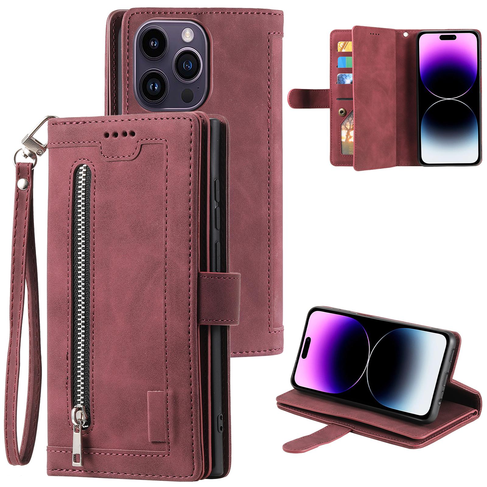 

Чехол для iPhone 16 Pro Max с карманом на молнии, 9 слотов для карт, чехол для телефона из ПУ кожи Wine Red