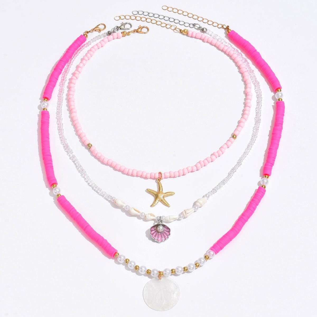 Pink necklace, European and American jewelry, soft pottery beaded necklace, women s seaside shell, multi-layered collarbone chain