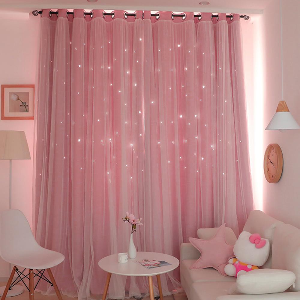 1/2Pcs Stars Blackout Curtains Double Layer Romantic Pink Tull Curtain for Living Room Girl's Bedroom Window Drapes Decoration