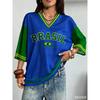 Sommer Neues Vintage Brasilien Stil Print Damen V-Ausschnitt T-Shirt Patchwork Kurze Ärmel Sport T-Shirts Fußballtrikot Y2K Lockere Oberteile