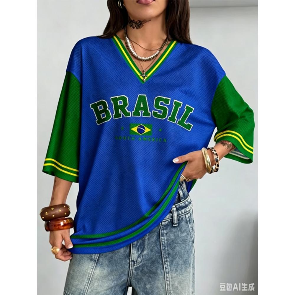 Sommer Neues Vintage Brasilien Stil Print Damen V-Ausschnitt T-Shirt Patchwork Kurze Ärmel Sport T-Shirts Fußballtrikot Y2K Lockere Oberteile