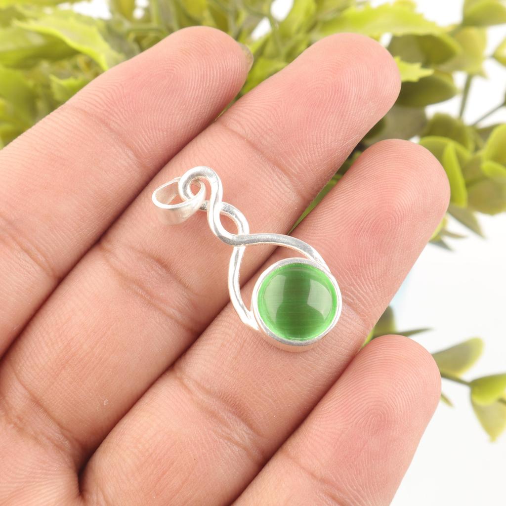 Green Cat's Eye Gemstone Jewelry, 925 Solid Sterling Silver Jewelry, Handmade Spiritual Jewelry For Wedding Gift