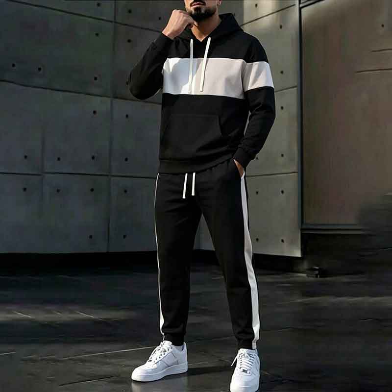 Men's Navy White Light Grey Color Block Hoodie Straight Pants Two Piece Tracksuit Set
