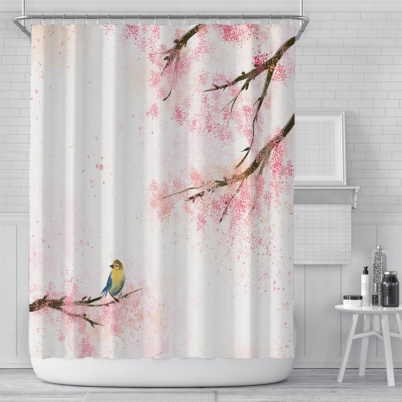 Pink Floral Shower Curtain Liner Asian Japanese Style Flower Cherry Blossoms Shower Curtain Waterproof 3D Print Bath Curtain W90xH180cm