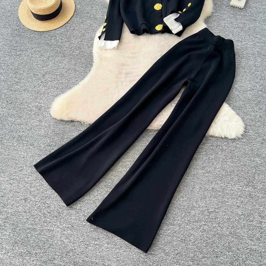 Autumn Winter Women Casual Knitted Sweater Trouser Two Piece Set Big Gold Button Single Breasted Jacket Tops and Elastic Waist Pant Tracksuit