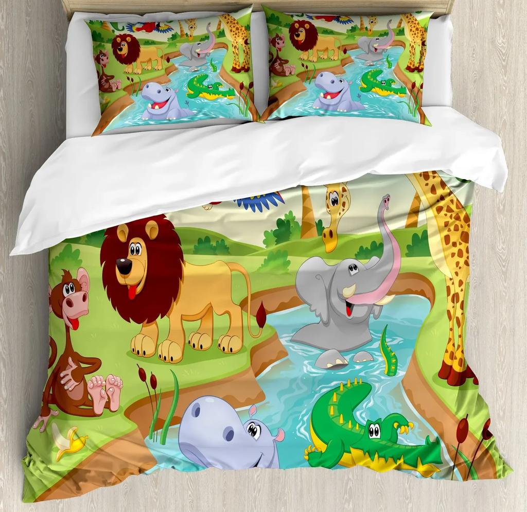 Cartoon Animals Duvet Cover Set King Size Savannah Tropical Forest Jungle Wildlife Bedding Set Kids Zoo Polyester Quilt Cover