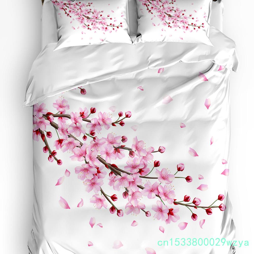Bettwäscheset im japanischen Stil mit Sakura-Kirschblüten und rosa Blumen, 3-teilig, für Doppelbett, Heimtextilien, Bettbezug, Bettbezug, Kissenbezug