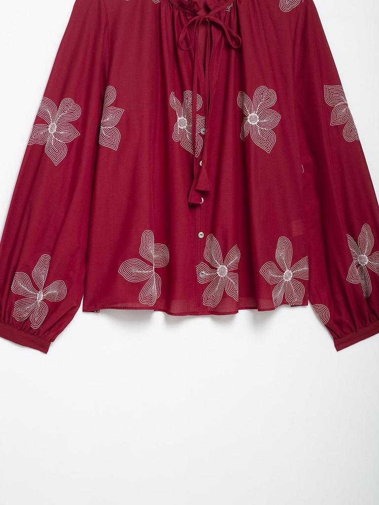 TAO P&ZA Damen Bluse mit floraler Stickerei, Spitzenbesatz und Bindekragen - Sommerstil 3564066