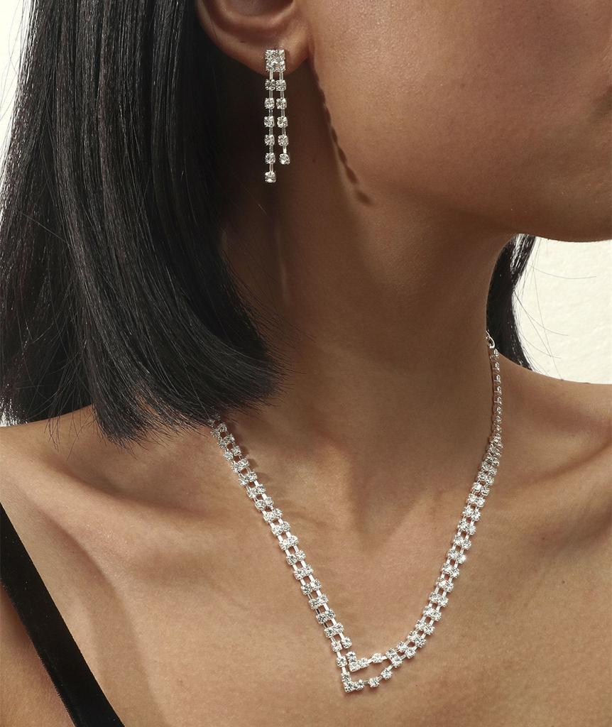Fashion Accessories Rhinestone Necklace Earrings Set, Piece Earrings Two-piece Set
