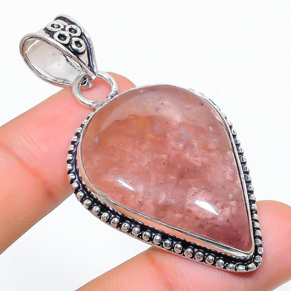 Strawberry Quartz Gemstone Handmade 925 Sterling Silver Pendant 2.25" T8l55