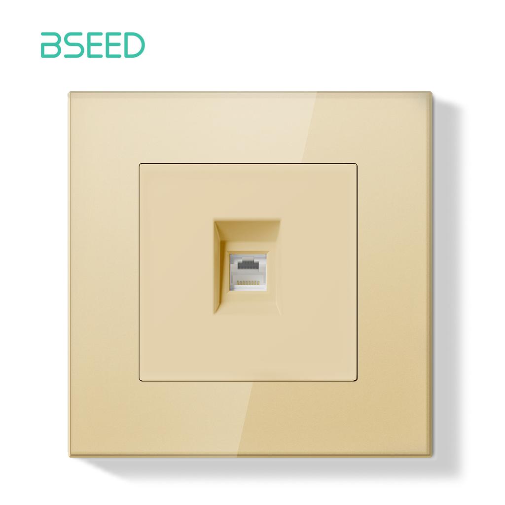 BSEED Dual Internet Sockets Single CAT6 Wall Socket EU Power Sockets Plus Network Data Computer Connecter Outlets Glass Panel