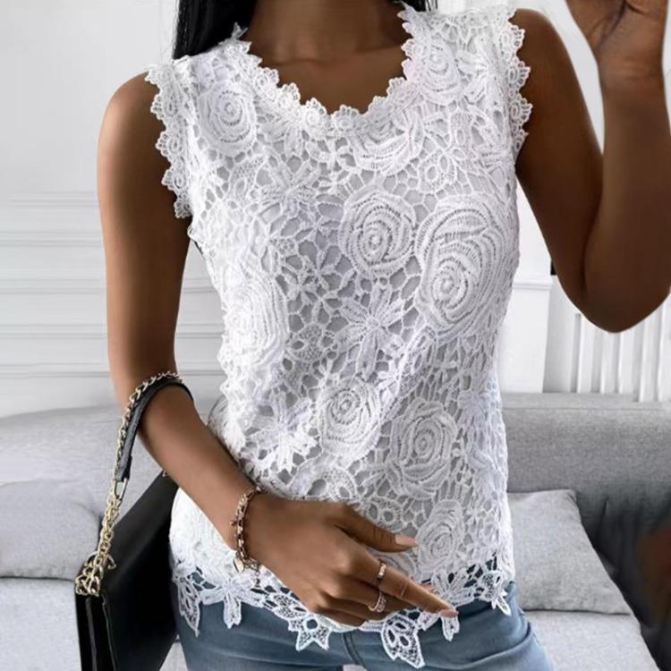 Lace Splicing Sleeveless Tops for Women Solid Color Round Neck Blouse
