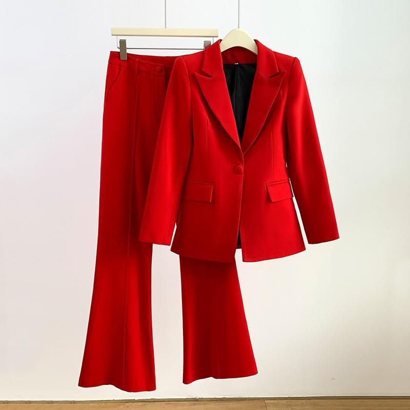 European and American Star Style Professional Suit Set, One-Button Long Blazer with Flared Pants Two-Piece Set for Women