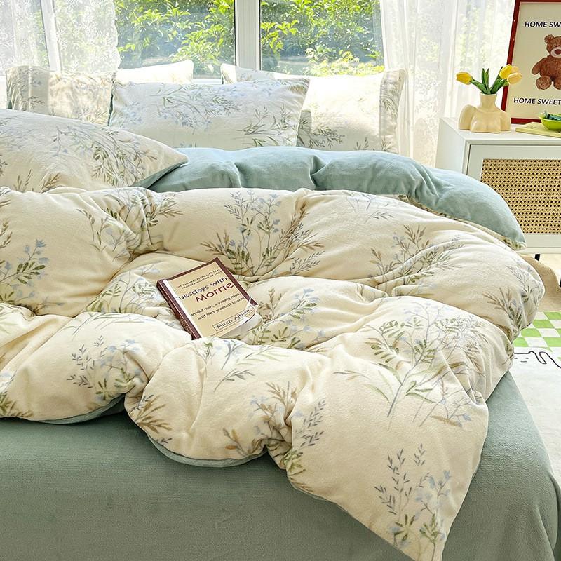 Winter Thick Warm Milk Coral Fleece Bedding Set Ins Fresh Duvet Cover Single