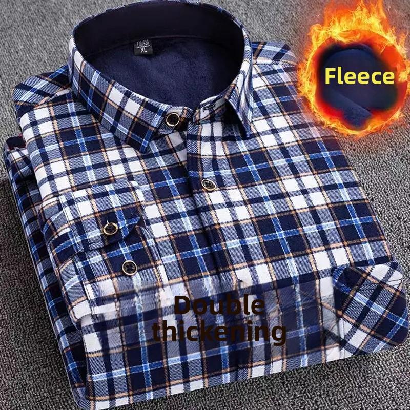 Men's Thickened Fleece Lined Long Sleeve Shirt Warm Slim Fit Plaid Casual Fashion Winter Shirt No Ironing Required Male Apparel