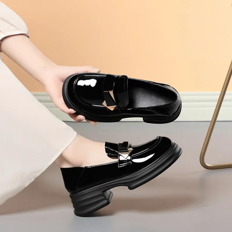 5cm British Style Shallow Soft Leather Loafers Platform Pumps Spring 2025 Med Block Heels Shoes Thick Bottom for Office Mom