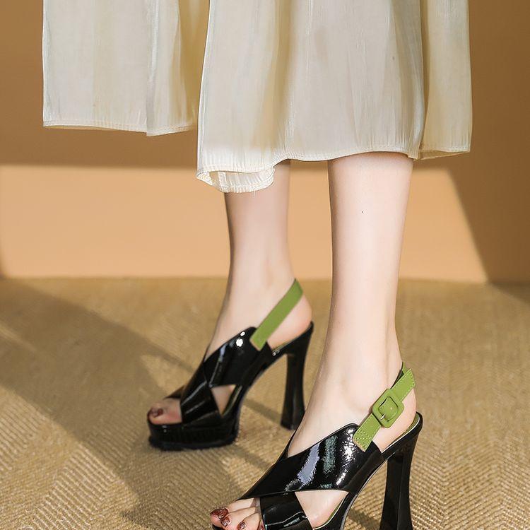 2025 Summer New Roman Women's Shoes Color Matching Hollow One-word Buckle High Heels Women's Thick Heel Waterproof Table Sandals