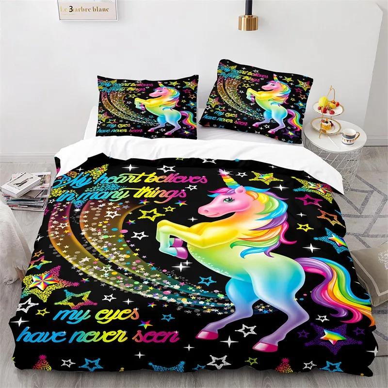 Cartoon Unicorn Floral Rainbow Girl's Eyelash Bedding Set Boys Girls Twin Queen Size Duvet Cover Pillowcase Bed Kids Adult
