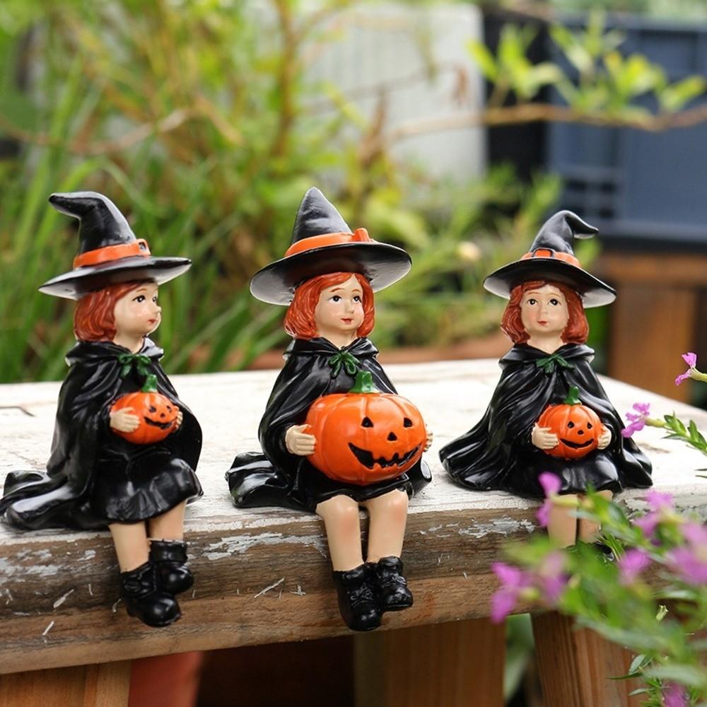 3pcs Handmade Witch Holding Pumpkin Statue Cute Witch Ornament Halloween Statue  Bookshelf