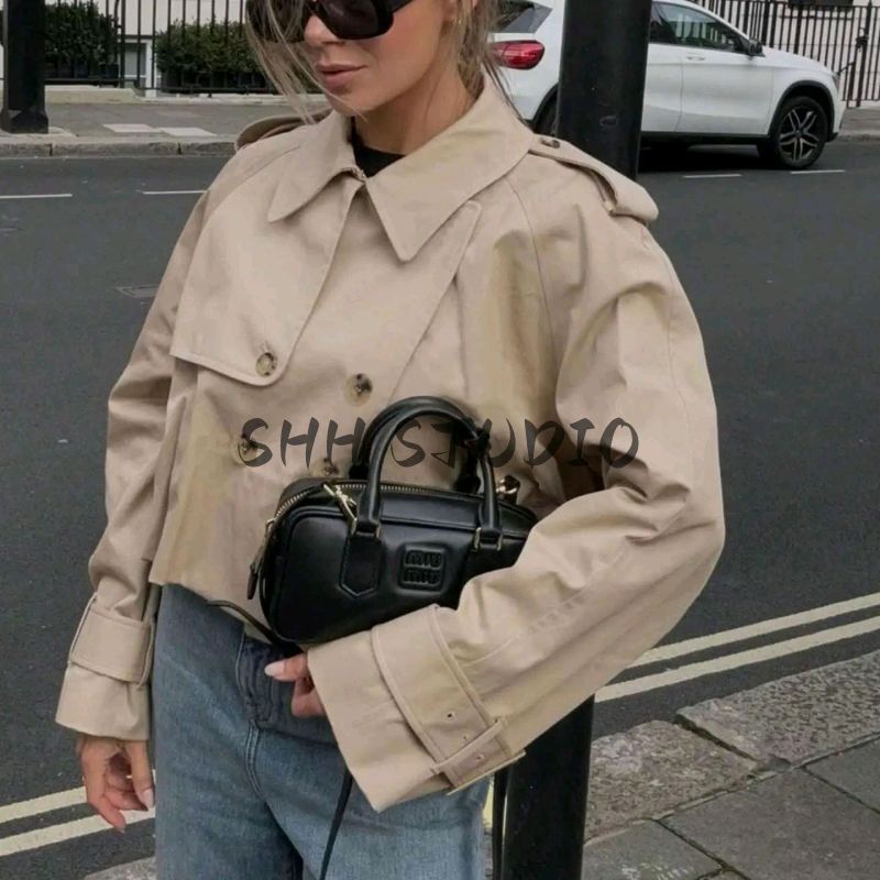 Fall New Women's Clothing British Style Double Row Ornament Casual Polo Collar Long Sleeves Short Trench Coat Jacket Outwear