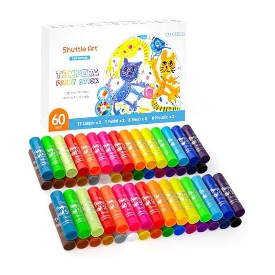 Shuttle Art Crayons, 30 Colors, Set of 60, Removable Tempera Paint Sticks, Retractable, Safe, Washable, Unbreakable, Graffiti, Coloring Book, Can be