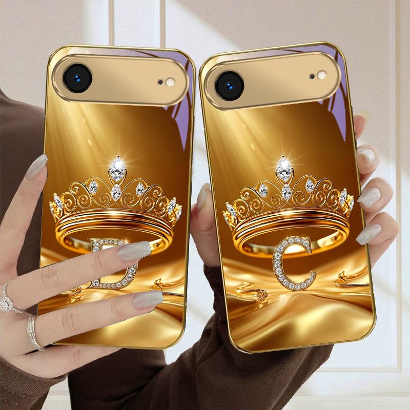 Inel Coroană Aurie Scrisoare Pentru iPhone Air 16E 15 PRO 14 13 Plus 12 mini 11 17 Pro Max XR 16 17ProMax 17Pro Carcasă Telefon Aurie din Sticlă