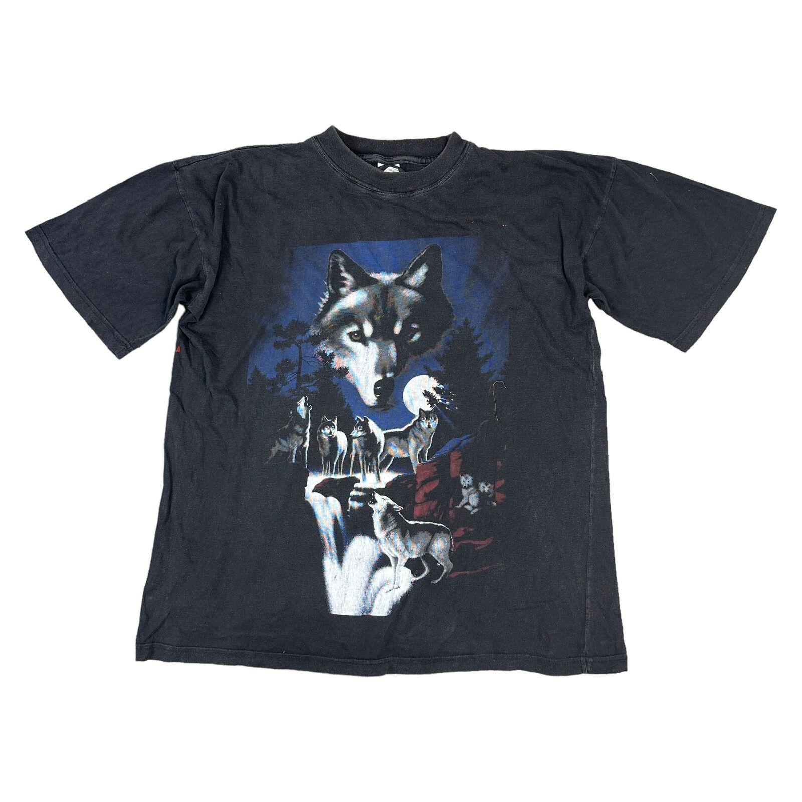 Vintage Wolf Wildlife Graphic Print 90s T-Shirt Mens Womens Tees Top Oversized Black Mens S