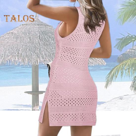 Women Knitting Beach Dress O Neck Sleeveless Solid Color Cover Up Dress Side Split Design Hollow Out Sunscreen Crochet Cover Up