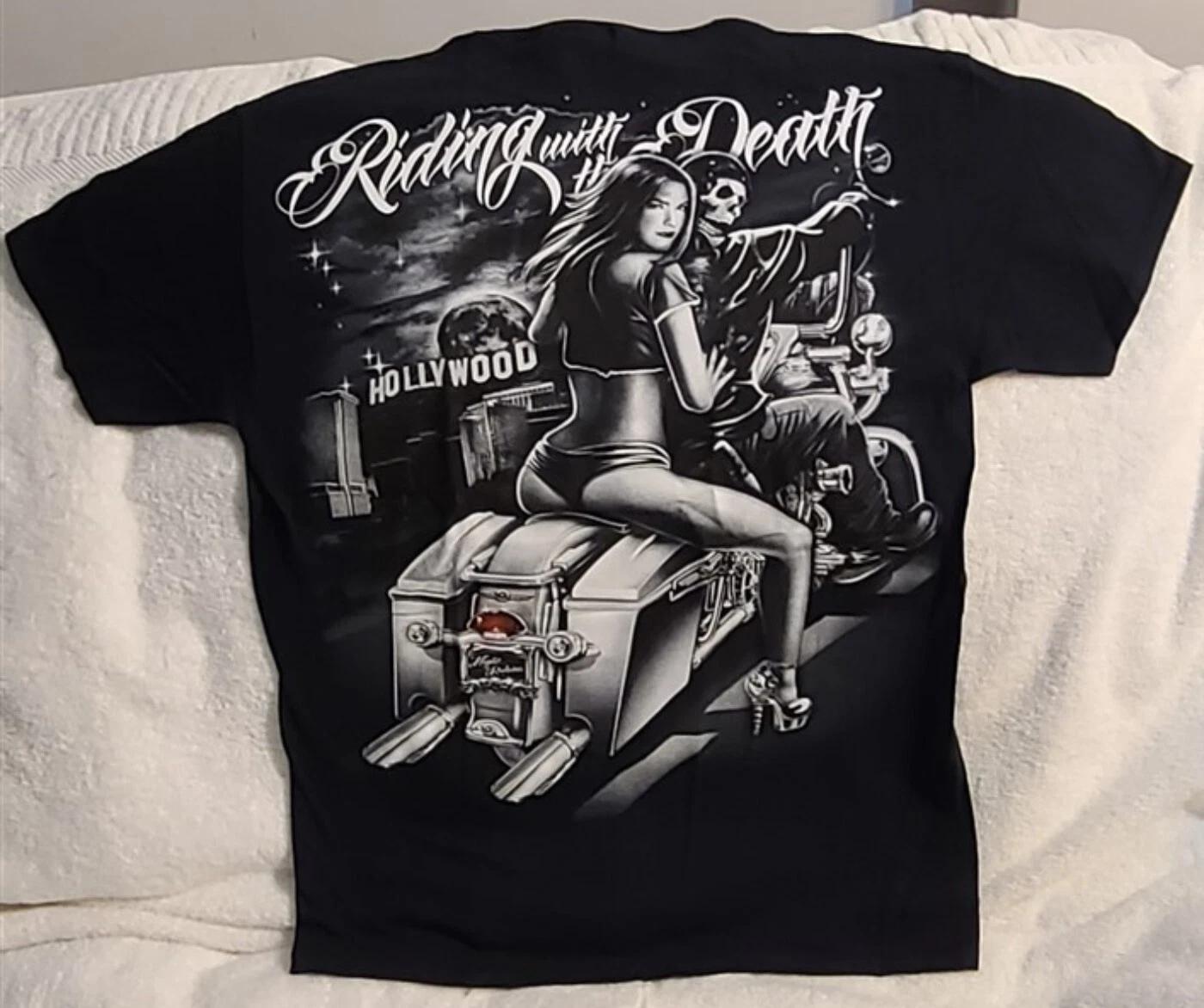 SKELETON SEXY WOMAN MOTORCYCLE BIKER RIDING WITH DEATH HOLLYWOOD MOON T-shirt 2XL