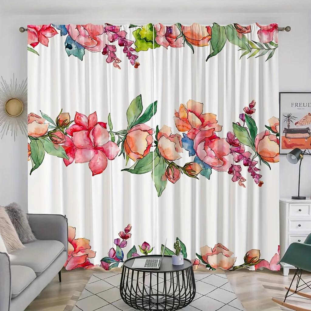 2pcs Wild Flowers Peonies With Watercolor Style Printed Curtains Rod Pocket Curtain  For Living Room Bedroom Windows Home Decor