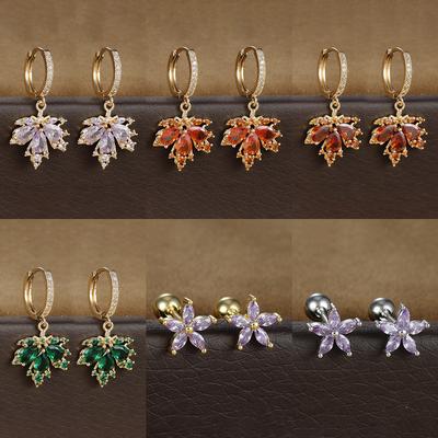 2pcs Vintage Crystal Zircon Stainless Steel Maple Leaf Earrings for Women Temperament Hoop Earrings Party Piercing Jewelry Gift