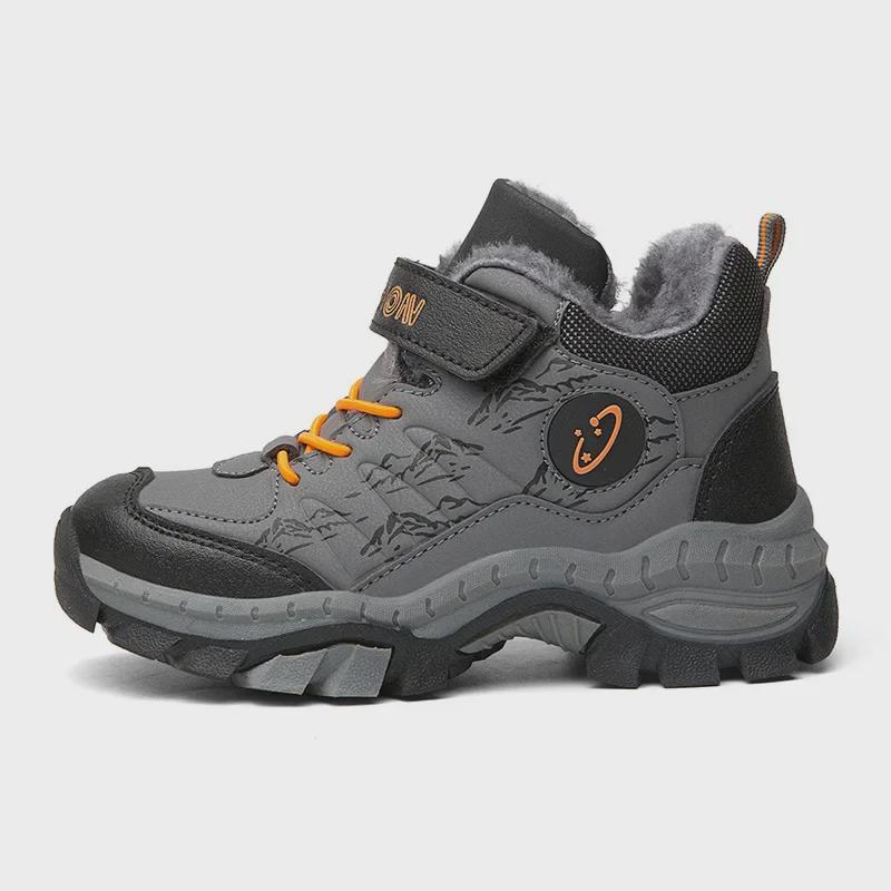 Зимние нескользящие хлопковые сапоги для мальчиков - теплые, с бархатной подкладкой, с толстой кожаной поверхностью