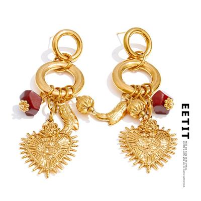 Stainless Steel Heart Charm Pendant Drop Fashion Earrings 18K Golden PVD Plated Vintage Statement Long Dangle Ear Jewelry