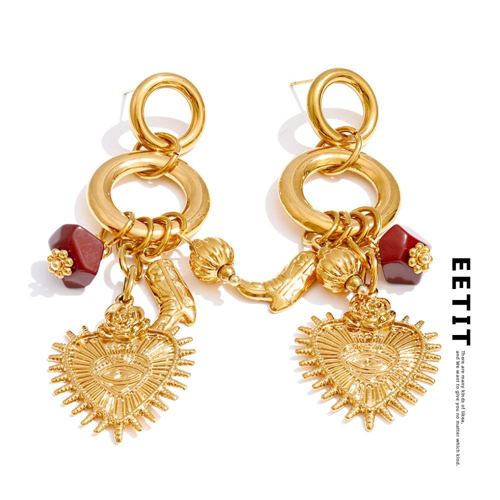 Eetit Stainless Steel Heart Charm Pendant Drop Fashion Earrings 18K Golden PVD Plated Vintage Statement Long Dangle Ear Jewelry