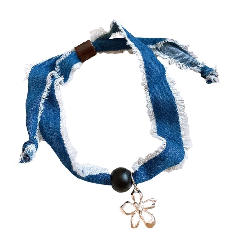 

Casual Hollow Flower Pendant Necklace Wood Beads Jeans Fabric Lightweight Layering Jewelry Accessories For Women