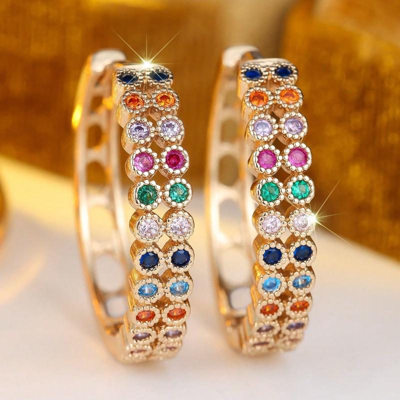

Double Row Small Round Stone Multicolor Crystal Hoop Earrings for Women Vintage Gold Color Ear Buckle Wedding Party Zircon Gift